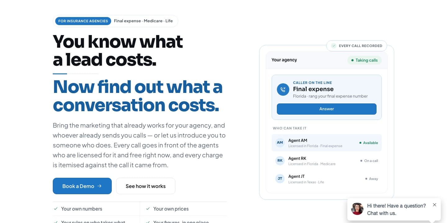 The inboundSelect marketing site, showing a live call and the agents who can take it
