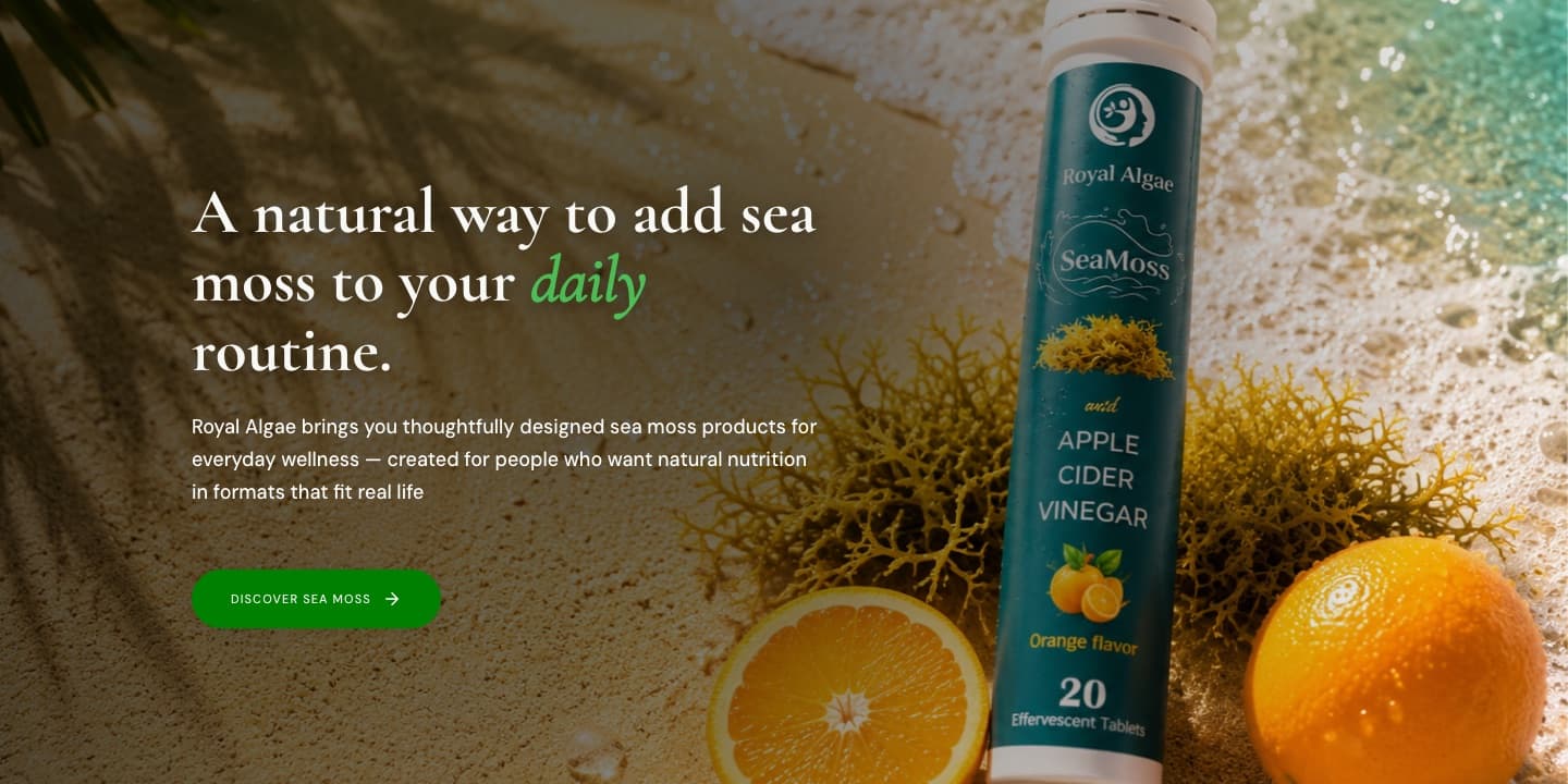 The Royal Algae storefront hero, with a sea moss product on a beach